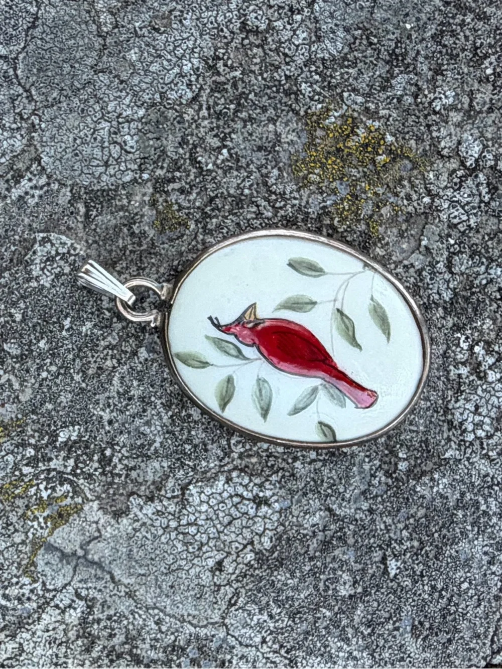 Vintage Sterling Ceramic Red Cardinal Oval Pendant Charm